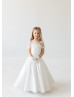 Short Sleeves Beaded Ivory Lace Satin Pearl Long Flower Girl Dress Princess Dress